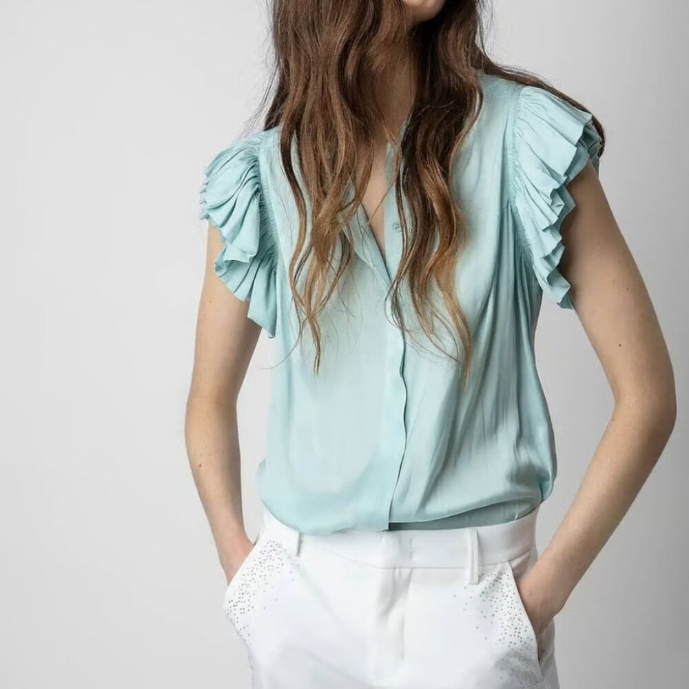 Zadig & Voltaire Tiza Ruffled Sleeve Top, Celadon, New With Tags, Medium